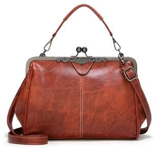 2777 Retro Kiss Lock Handbag Purse Oil Wax PU Small Tote Satchels Shoulder